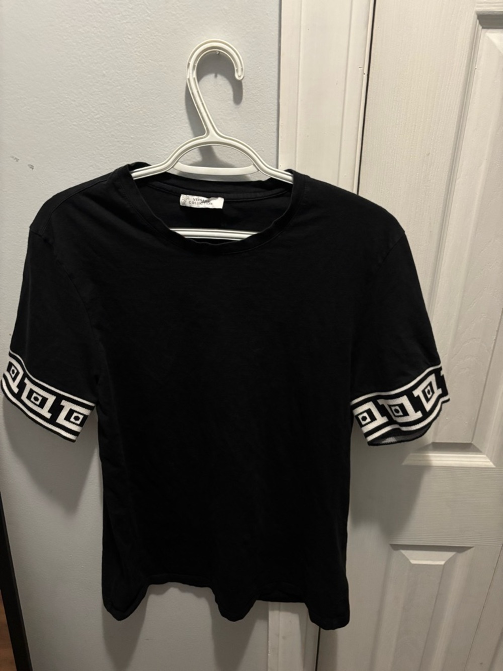 Versace Black Short Sleeve Tee with White Geometric Sleeve Trim